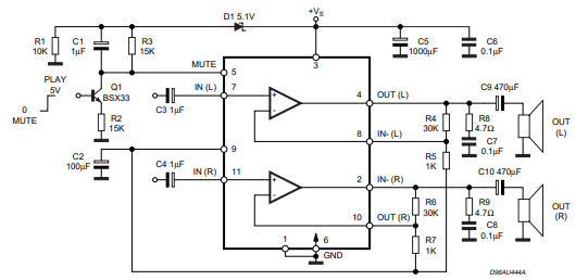 0b9892c4d52a8ef9e0244c046cc6a96e.png TDA7265 Typical Application Circuit in Single Supply